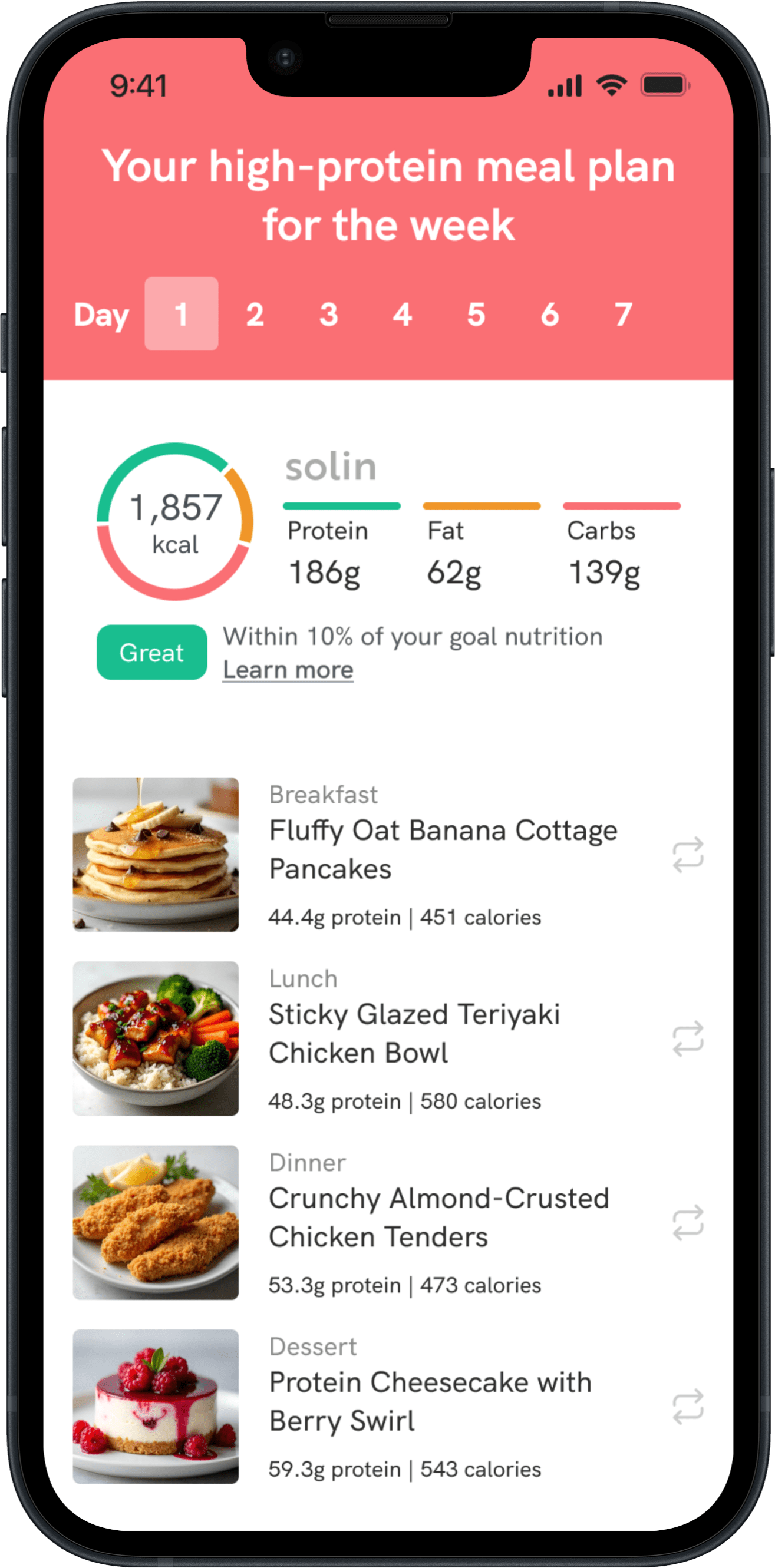 A Solin weekly meal plan showing daily meals and meal swap controls
