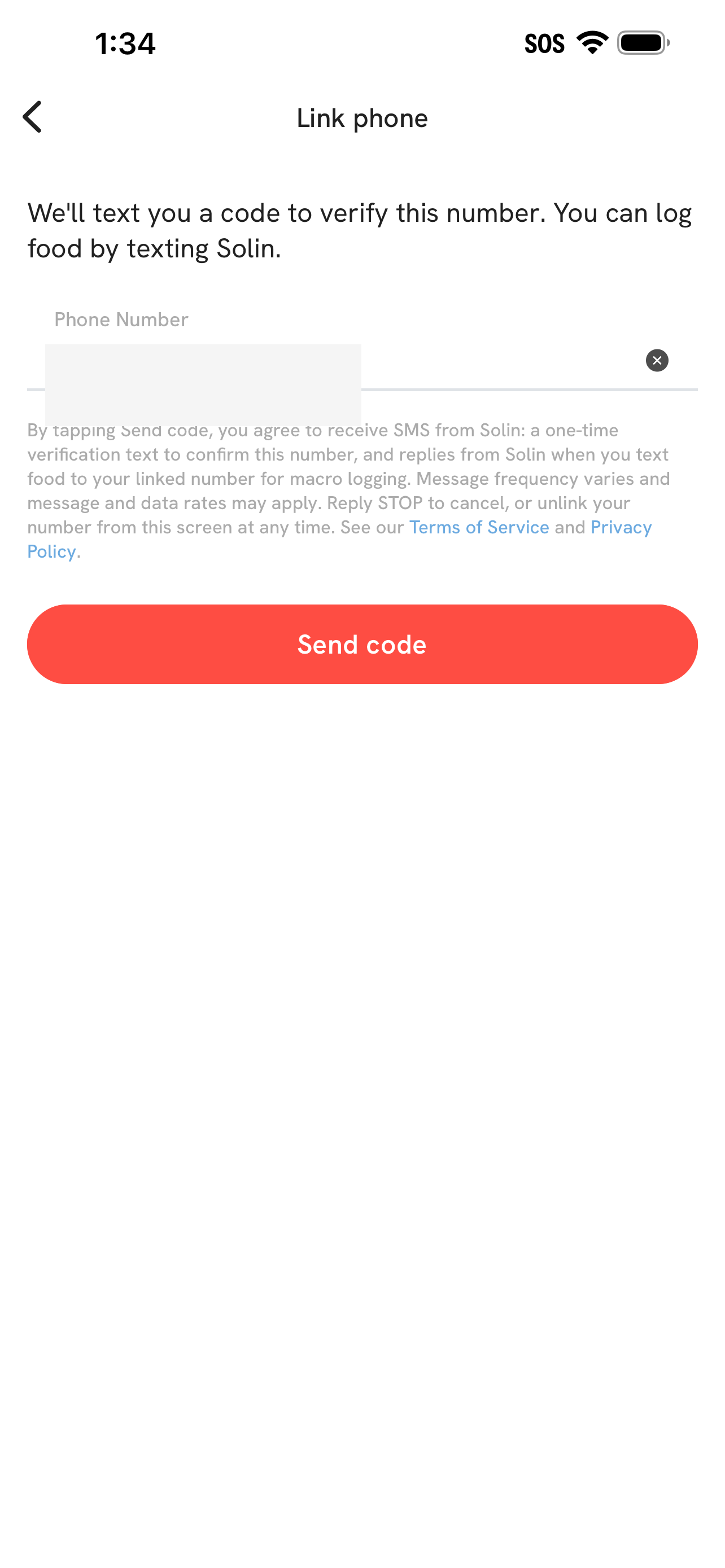 Redacted Solin app screen showing the phone linking disclosure and Send code button.
