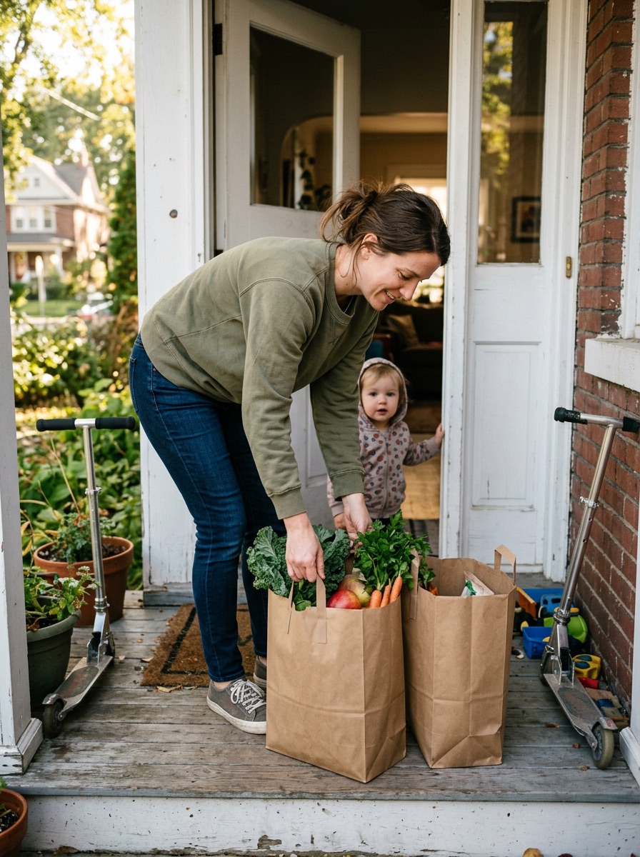 A mom bringing in grocery bags delivered to her front door