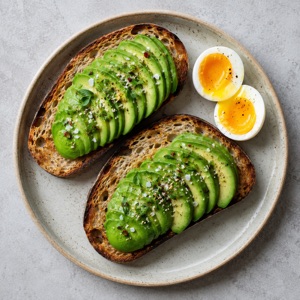Avocado toast on a plate, logged from one photograph