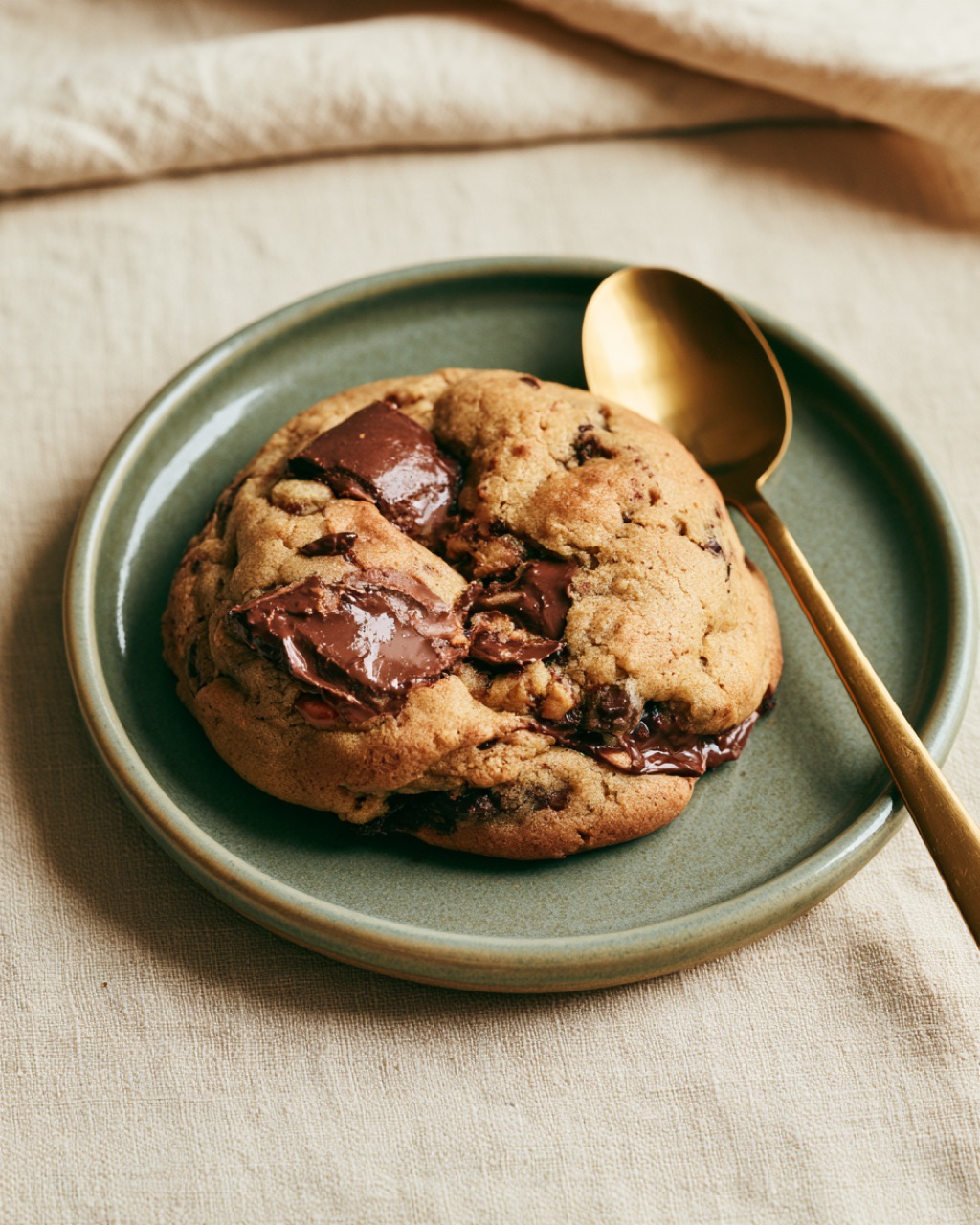 A chocolate chip cookie on a sage-green ceramic plate with a brass spoon