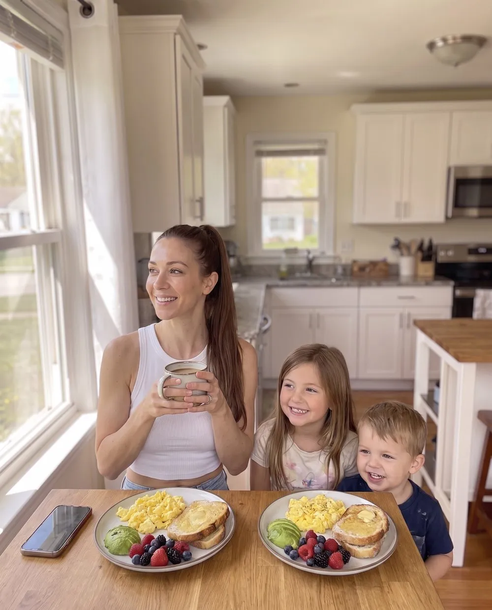 A mom holding a mug in her kitchen with her kids beside her