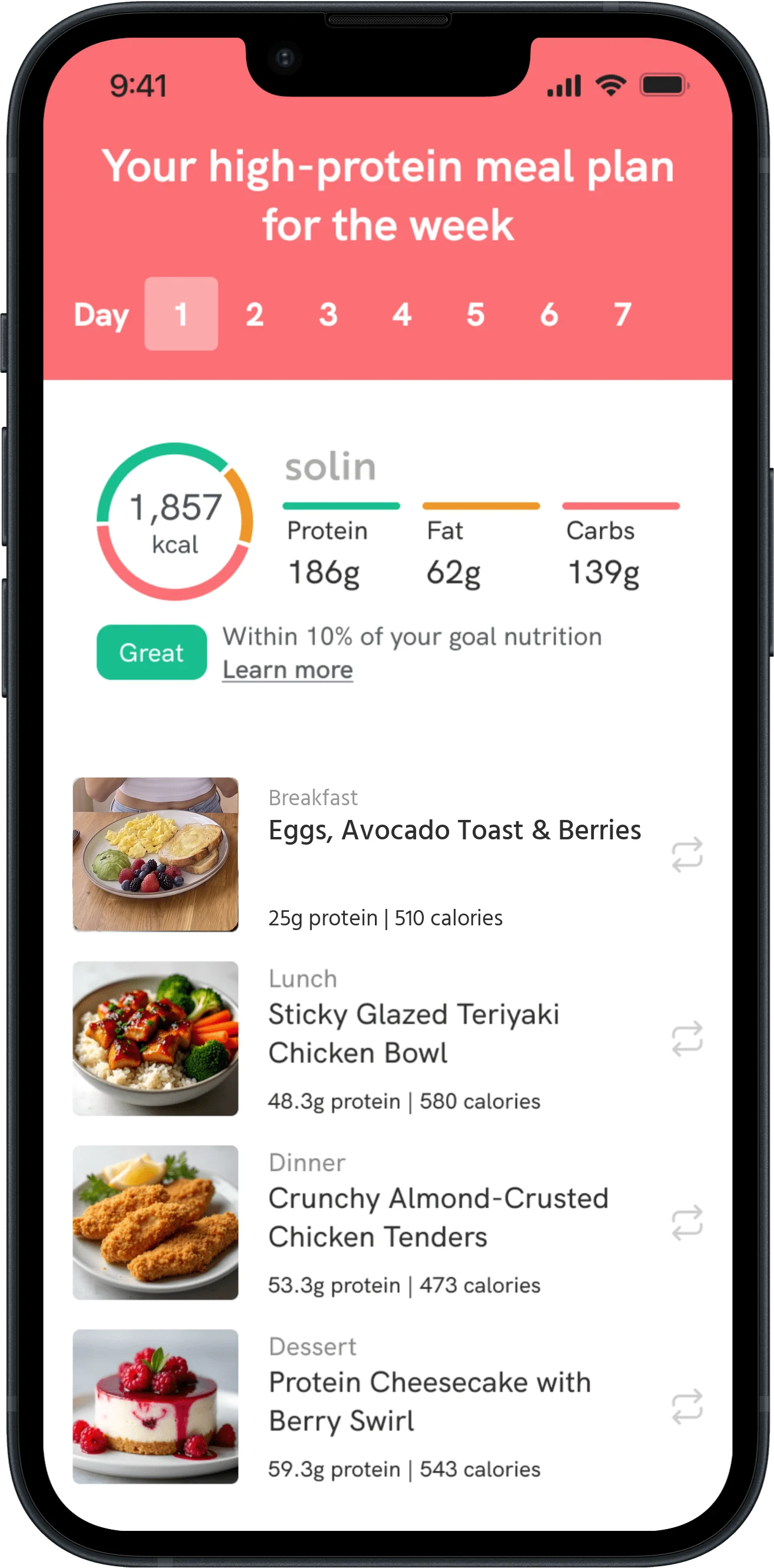 A Solin weekly meal plan showing daily meals and meal swap controls