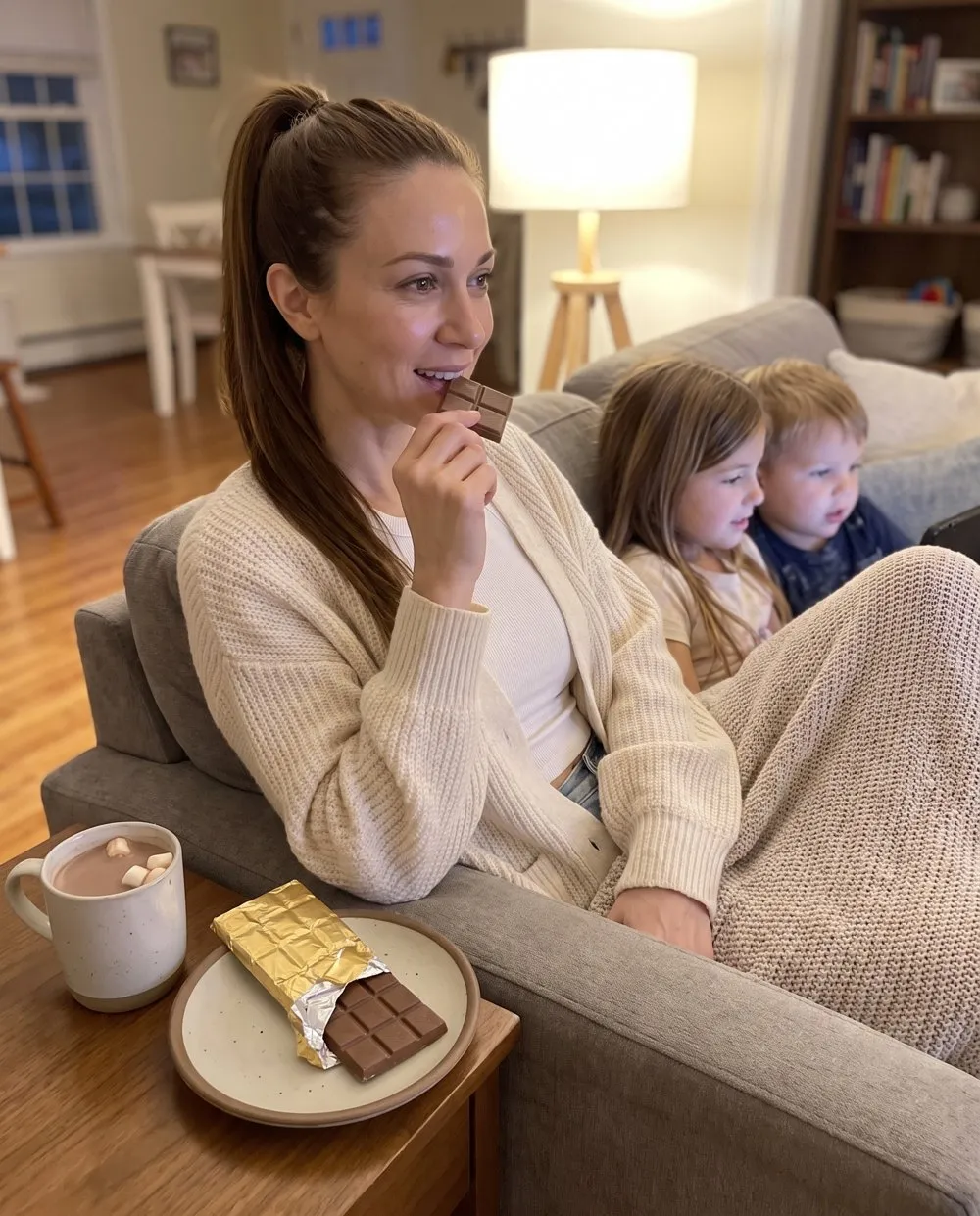 A mom eating a piece of chocolate on the couch with her kids