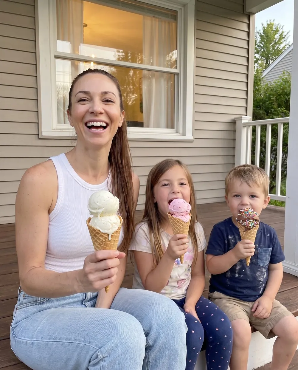 A mom and her two kids eating ice cream cones on the porch