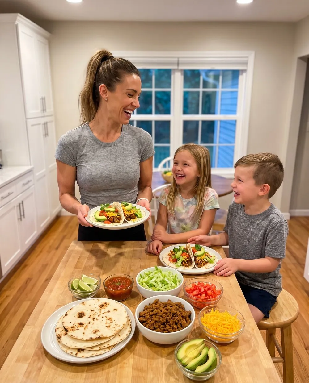 A mom serving tacos to her two kids at the kitchen counter
