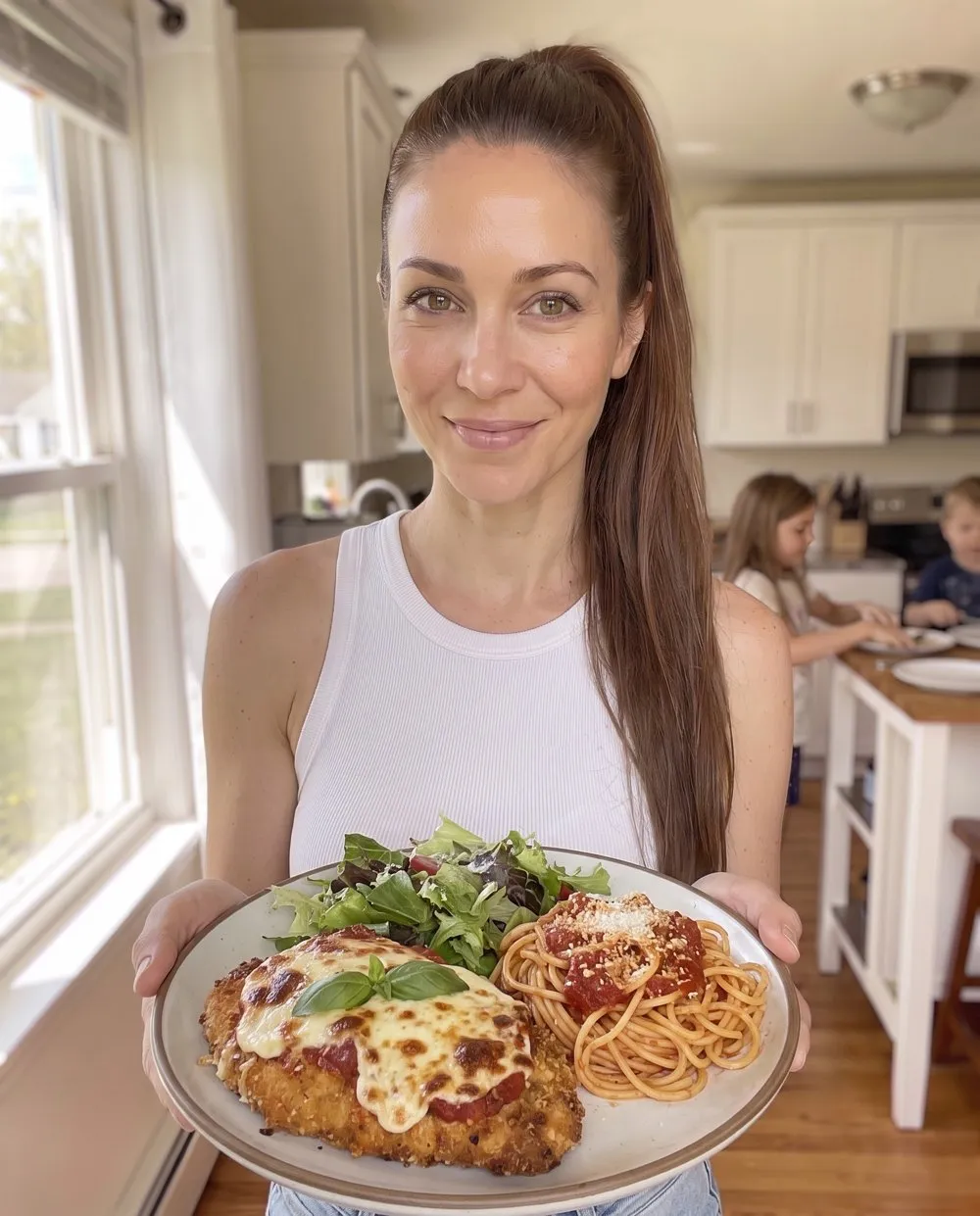 A mom holding a full plate of chicken parmesan and spaghetti