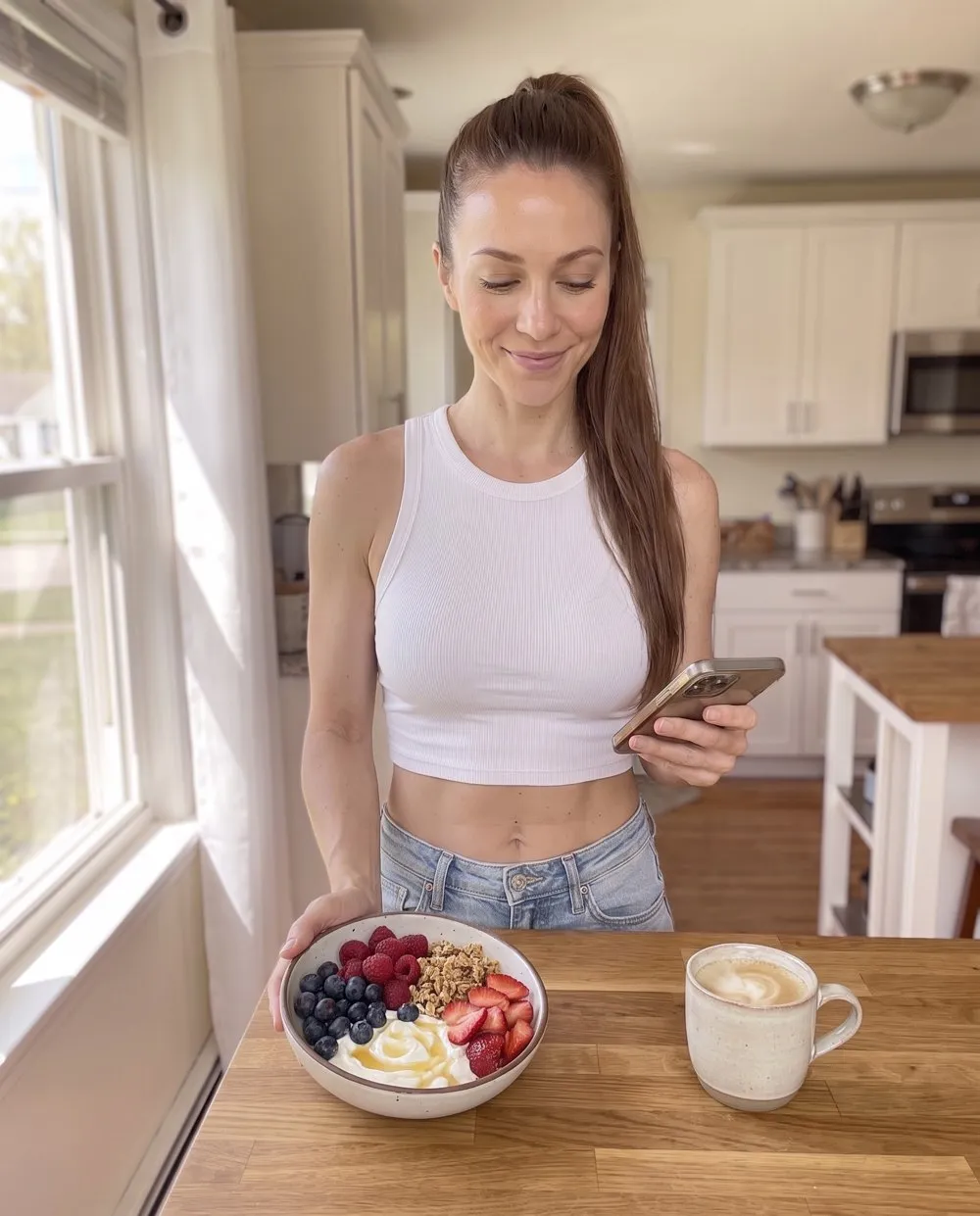 A mom checking her meal plan on her phone