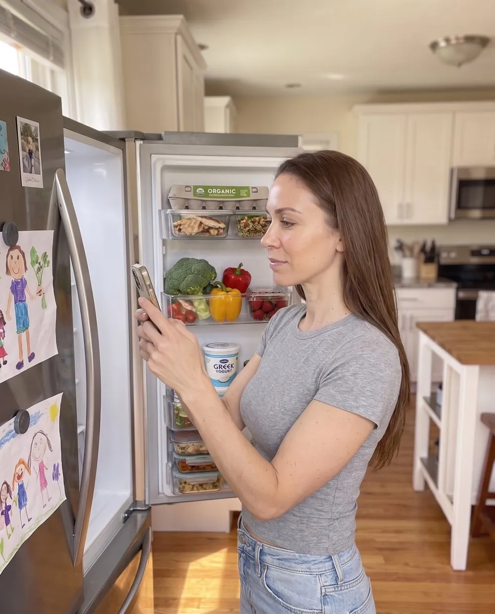 A mom taking a photo of her open fridge with her phone