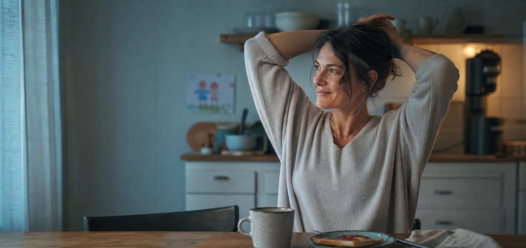 A woman tying her hair back at her kitchen table, coffee and toast in front of her